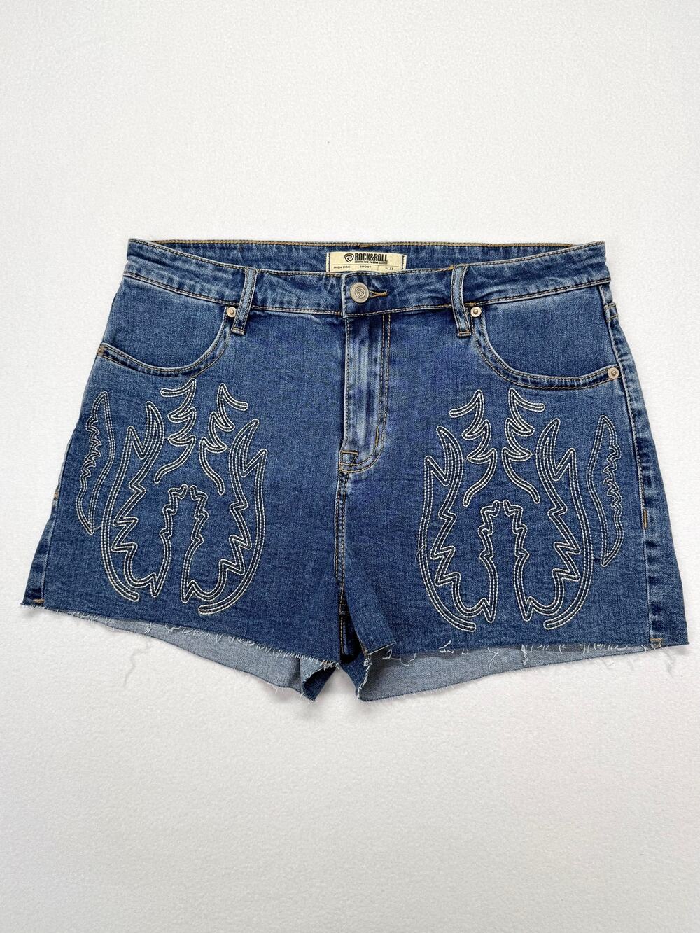 Rock & Roll Denim Boot Stitch Shorts Size 33 Embroidered Raw Hem Stretch Hi Rise